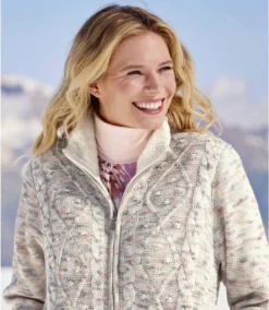 Women's Knitted Jacket With Fleece Lining - Pink Ecru Grey -Featured Women's Clothing Stores 0ba968535eb753ff4bffd2b1b06be5fc