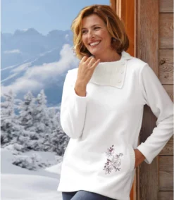 Women's Shawl Collar Embroidered Sweater - White