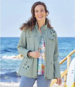 Women's Embroidered Safari Jacket - Aqua Blue