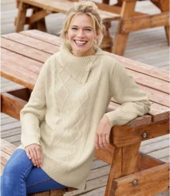 Women's Beige Button-Collar Sweater