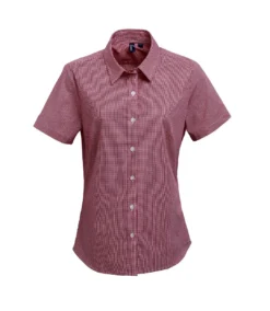 Premier® Premier Womens/Ladies Microcheck Short Sleeve Cotton Shirt (Red/White)