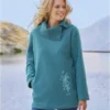 Women's Embroidered Fleece Sweater - Turquoise