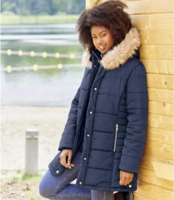 Women's Navy Padded Winter Jacket - Water-Repellent - Faux-Fur Hood -Featured Women's Clothing Stores 60555f800b8ddac09ae11467884d76f6