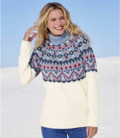 Women's Patterned Roll-Neck Sweater - Lavender Ecru