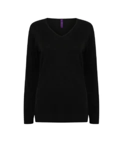 Henbury Womens/Ladies Cotton Acrylic V Neck Sweatshirt (Black)