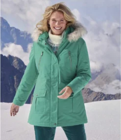 Women's Green Parka With Faux-Fur Hood