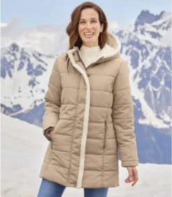 Women's Beige Water-Repellent Padded Parka - Foldaway Hood