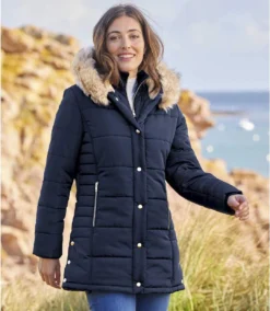 Women's Navy Padded Winter Jacket - Water-Repellent - Faux-Fur Hood -Featured Women's Clothing Stores 8e6aeeb5f27d9e29d226f364dc43fd51