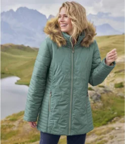 Women's Green Longline Padded Jacket