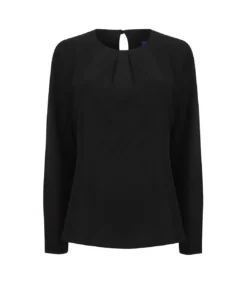 Henbury Womens/Ladies Pleat Front Long Sleeve Blouse (Black)