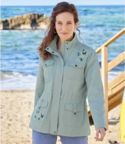 Women's Embroidered Safari Jacket - Aqua Blue -Featured Women's Clothing Stores c1f4c7de6c5e70f14b76111817b70e6d