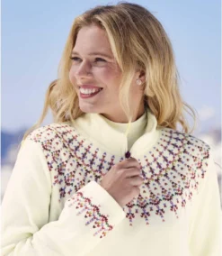 Women's Half-Zip Patterned Microfleece Sweater - Off-White -Featured Women's Clothing Stores c9244b714dc661321626c195d636faeb