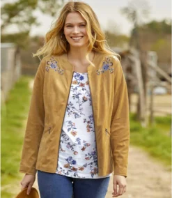 Women's Embroidered Faux Suede Jacket - Camel