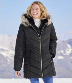Women's Black Padded Jacket With Faux-Fur Hood - Water-Repellent
