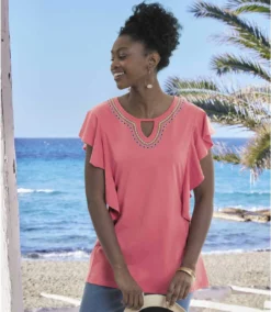 Women's Pink Ruffle Sleeve T-Shirt