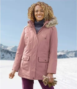 Women's Pink Parka With Faux-Fur Hood
