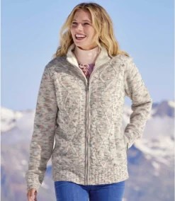 Women's Knitted Jacket With Fleece Lining - Pink Ecru Grey
